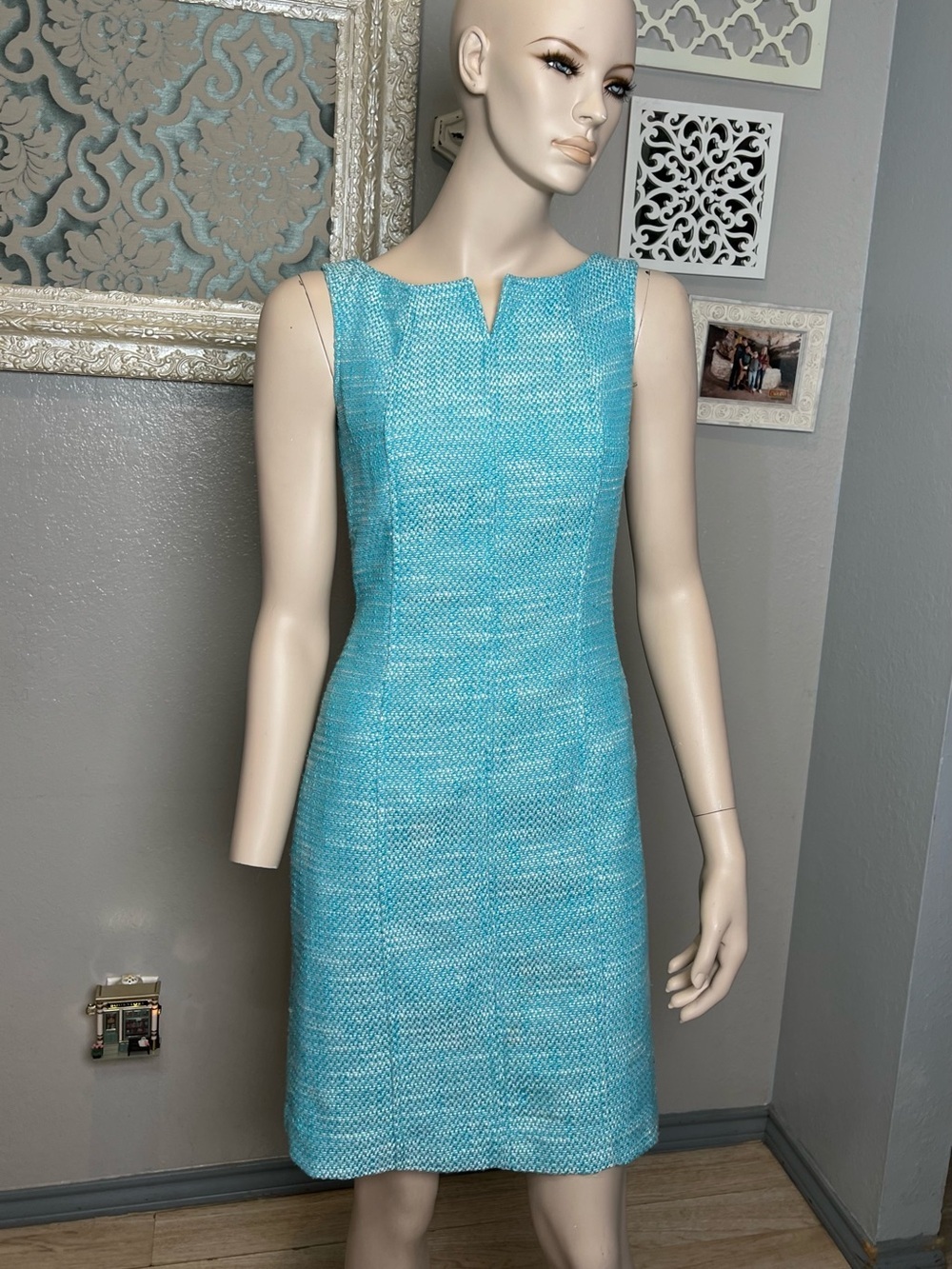 Talbots Sleeveless Turquoise Tweed Sheath Dress 4p